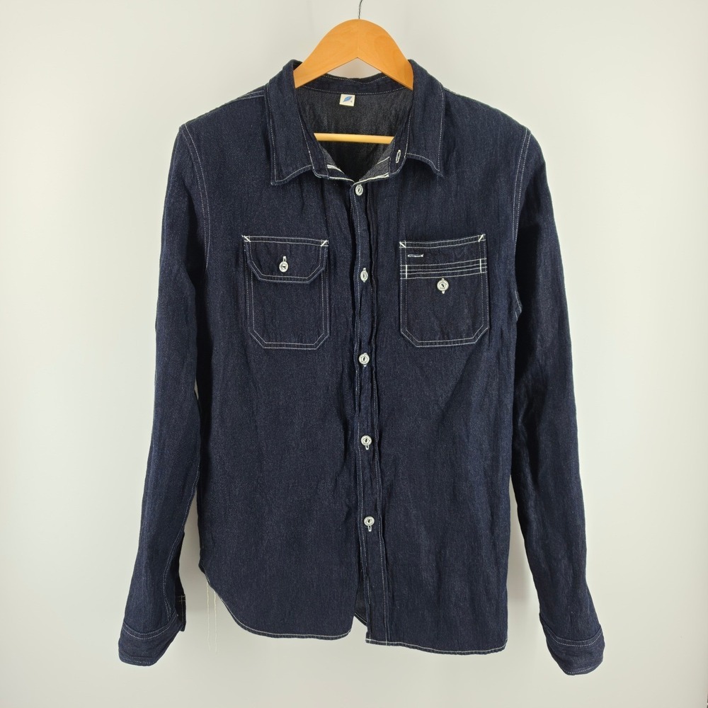 Pure Blue Japan Indigo Denim Work Shirt Selvedge Leaf Logo Mens Size 4 Large